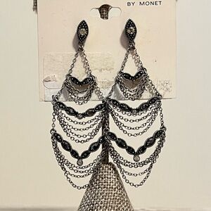 Marvella by Monet chandelier earrings, new on card.  Silvertone w/marquisate.